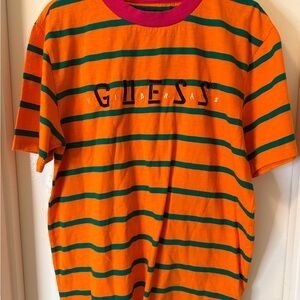 Guess Vibrant Orange Tee with Green Stripes